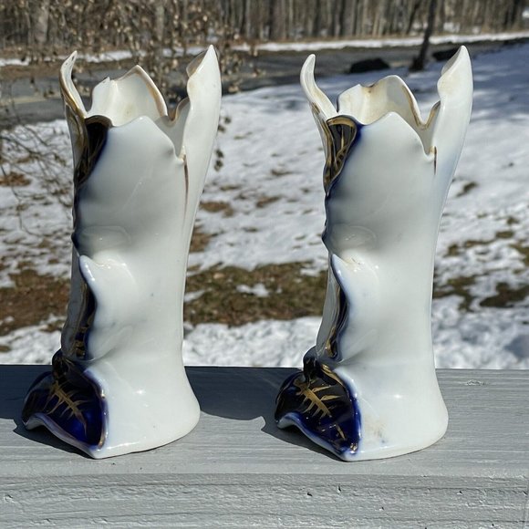 PAIR of Antique Victorian Blue Gilt Porcelain Leaves Vase Art Nouveau Mantel - Picture 12 of 16